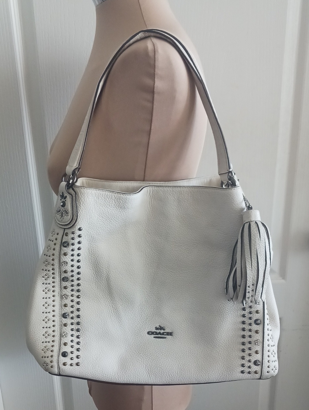 COACH White Pebbled Leather Studded Shoulder Bag with Tassel